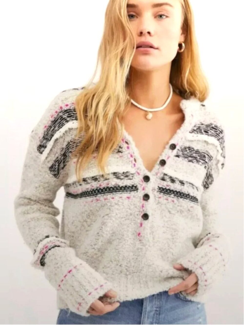 Free People Women's "Color Pop" Henley Knit Crop Sweater-(Estimated) Size L/XL